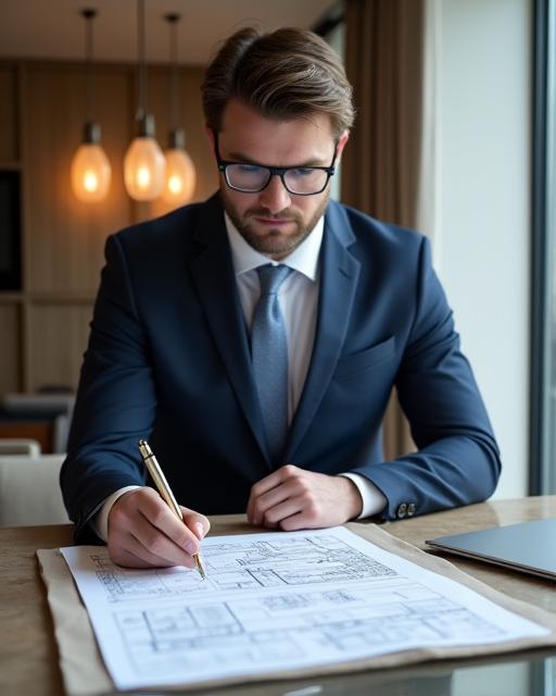 A professional property manager in a tailored suit reviewing architectural plans at a modern desk.