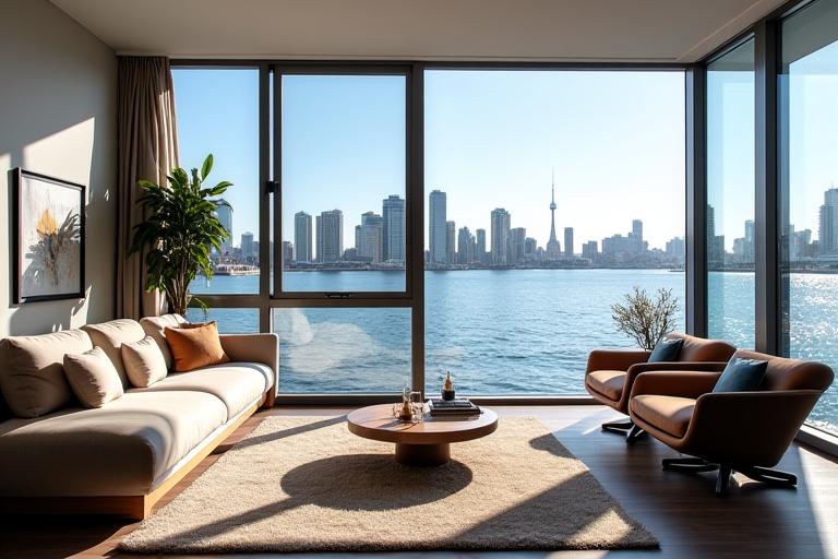 Modern apartment living room overlooking the water in Melbourne's Docklands.
