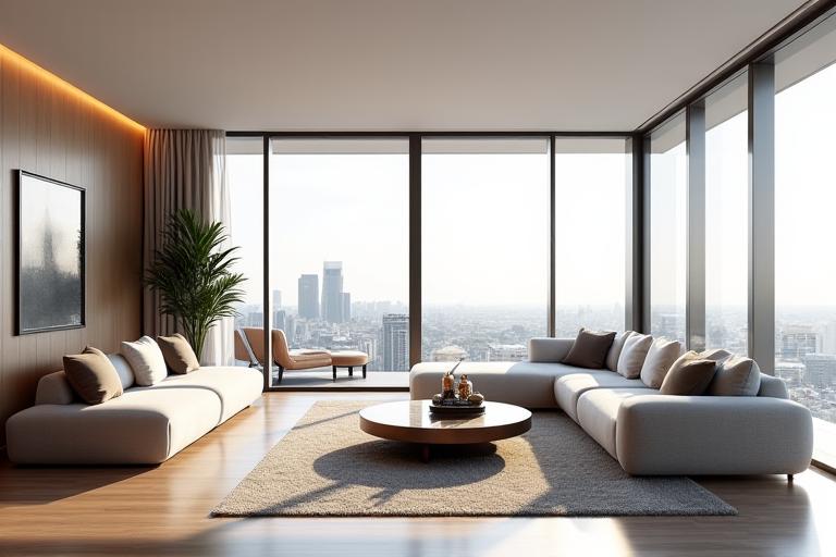 Interior of a modern penthouse in South Yarra with floor-to-ceiling windows.