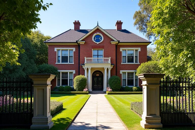 Exterior of a grand heritage manor in Toorak with manicured gardens.
